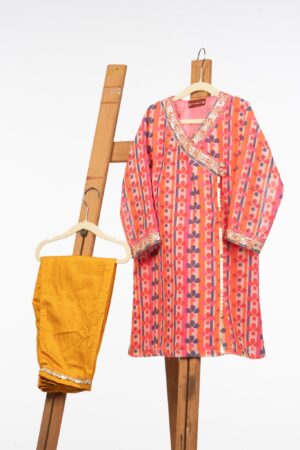 Angrakha Style Co-ord Set for Girls - Hand-Embroidered Linen