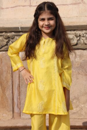 Girls Paisley Embroidered Chikankari Pure Cotton Kurti With Trousers