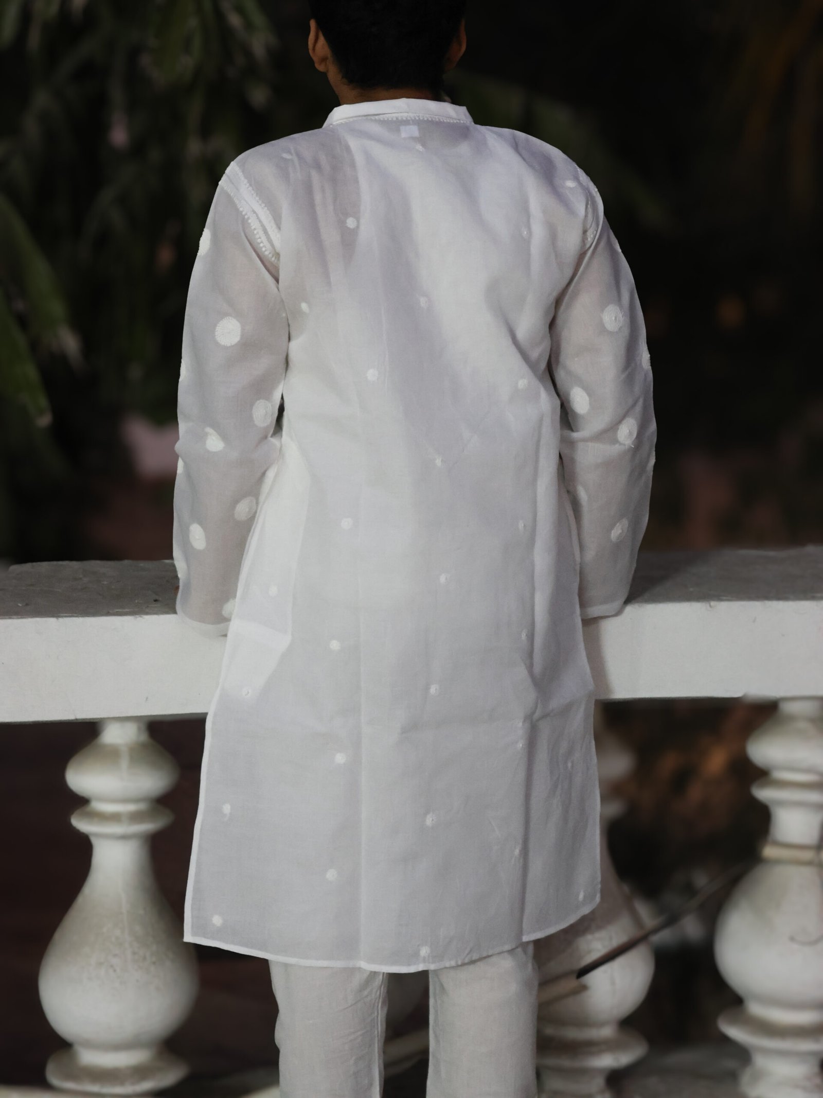 Men’s White Cotton Polka Dot Chikankari Kurta – Elegant Ethnic Wear - Image 3