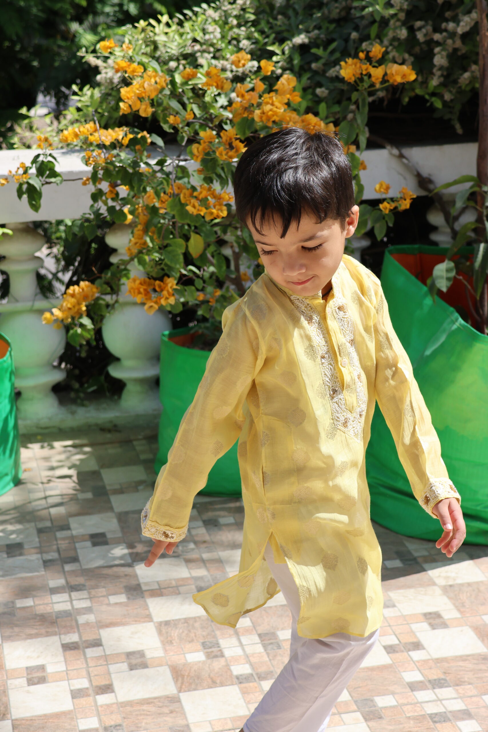 Zari Chanderi Boys Kurta with Cotton Pajamas - Image 2