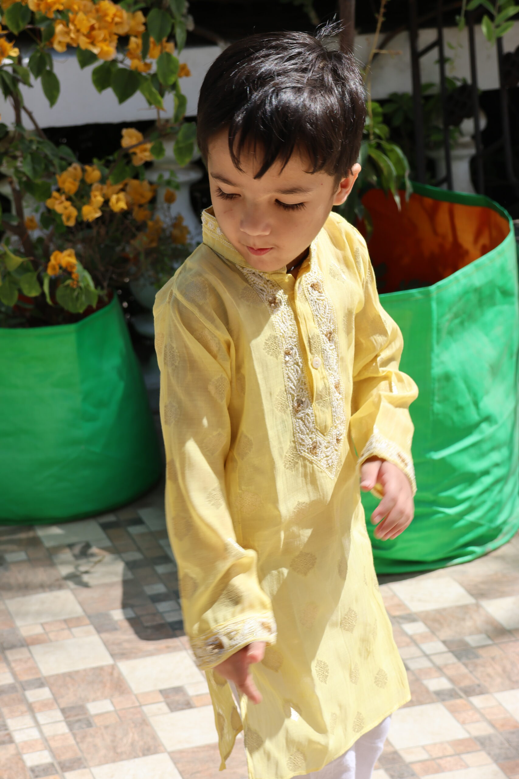 Zari Chanderi Boys Kurta with Cotton Pajamas - Image 3