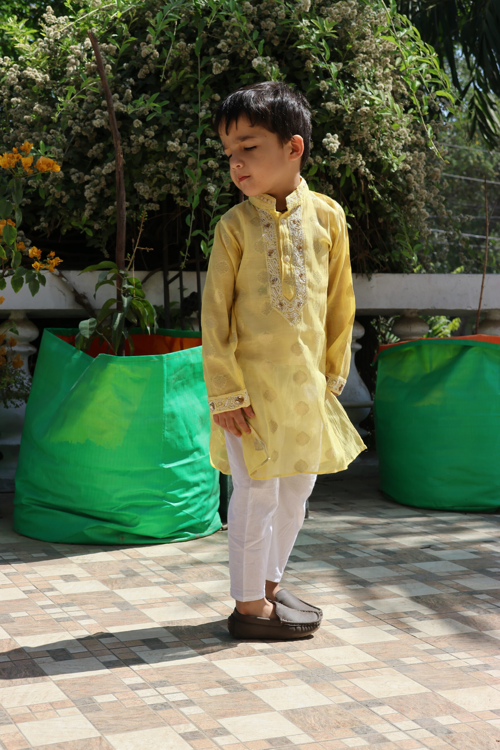 Zari Chanderi Boys Kurta with Cotton Pajamas - Image 4