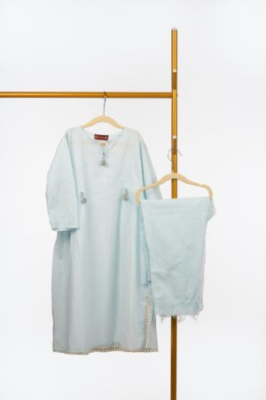 Pure Cotton Frock Style Kurta and Pant Set with Chikankari