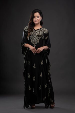 Black Chikankari Full-Length Kaftaan in Satin Georgette