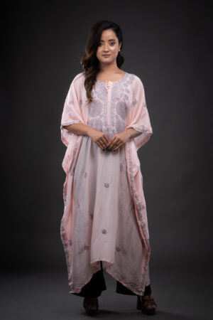 Baby Pink Muslin Kaftaan With Grey Chikankari