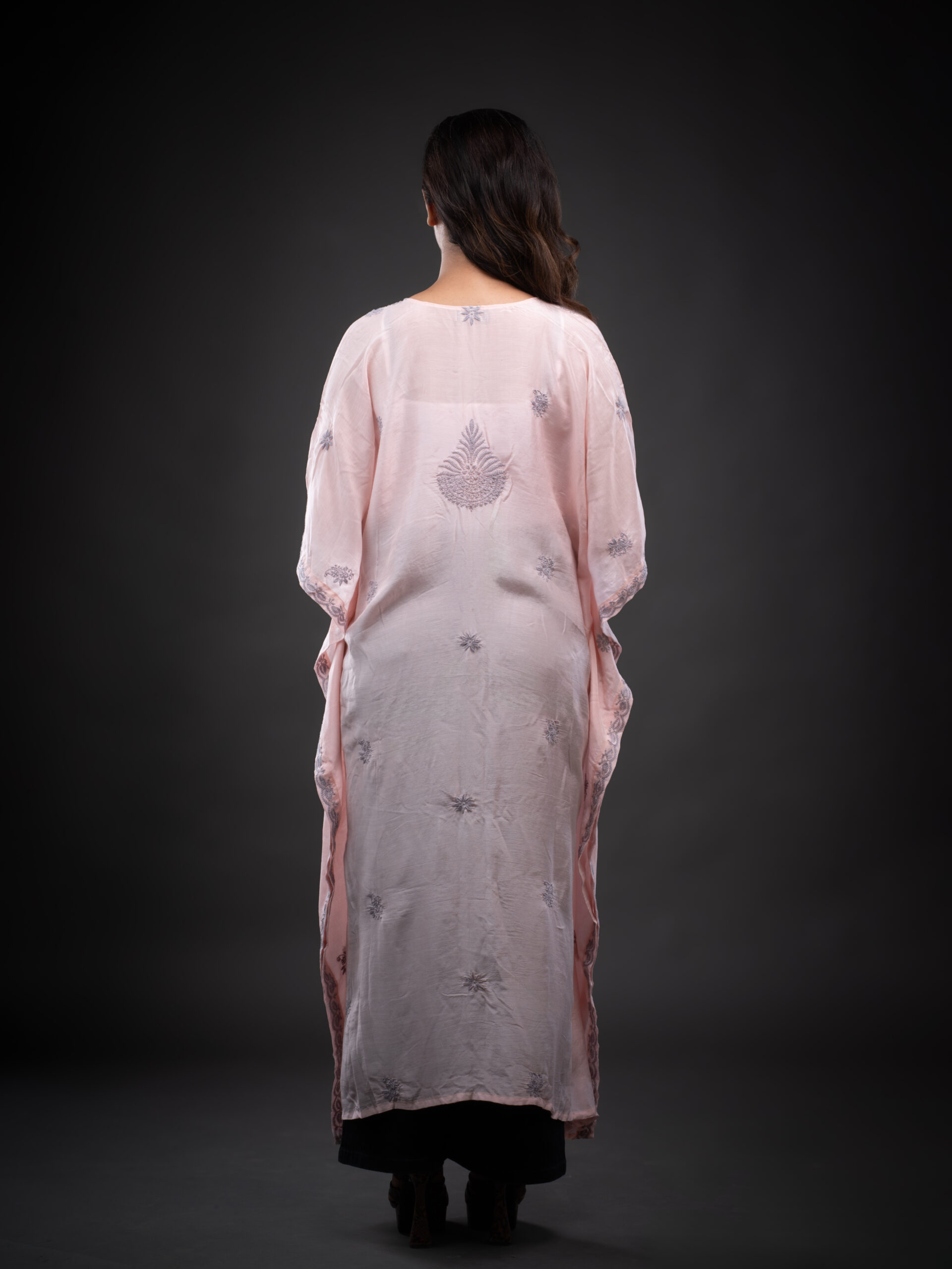 Baby Pink Muslin Kaftaan With Grey Chikankari - Image 2