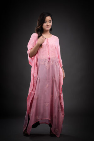 Pink Satin Georgette with Pink Chikankari