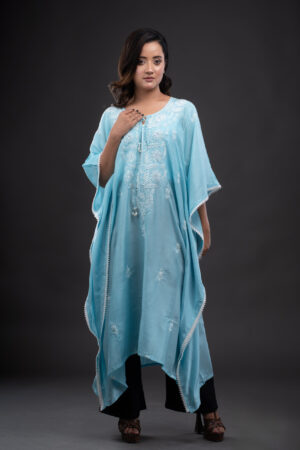 Sky Blue Satin Kaftaan with Pink Chikankari.