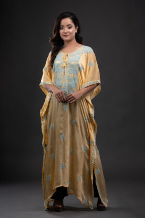 Yellow Satin with Sky Blue Chikankari